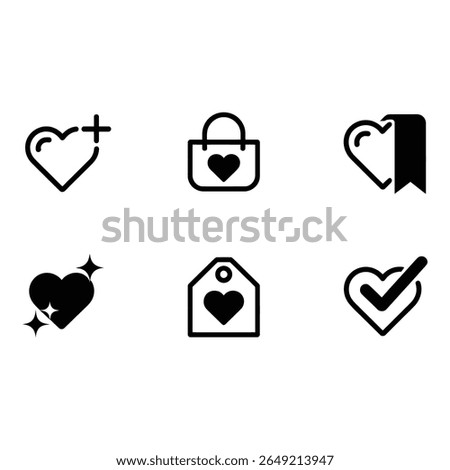 Six Minimalist Black Heart Icons Shopping Bag Bookmark Plus Sign Sparkle Tag Check Mark