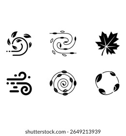 Seis minimalista folha preta e vento ícones natureza ecologia primavera outono vetor gráficos