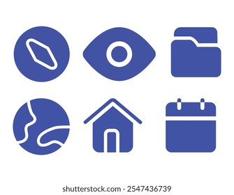 Six minimalist blue icons are displayed against a white background. They depict a paperclip, eye, folder, globe, house, and calendar.