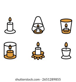 Six Minimalist Candle Icons Modern Warm and Serene Line Art Illustrations