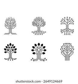 Six minimalist circuit board tree icons technology nature growth network vector black white