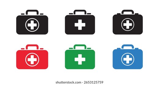 Six minimalist first aid kit icons displayed on a white background, showcasing black, red, green, and blue variants with a clear white plus sign.