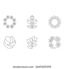 Six Minimalist Line Art Floral Designs Wreaths Flowers and Botanical Elements Elegant and Simple Style