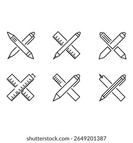 Six Minimalist Line Art Icons Pencils Pens and Rulers Crossed Design Measurement and Education Concept Clean Modern Style