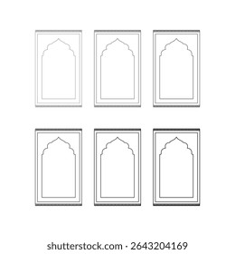 Six minimalist line art illustrations depicting traditional Islamic prayer mats with arch-shaped mihrab designs. prayer mat line art, islamic rug illustration, muslim prayer rug, prayer mat outline