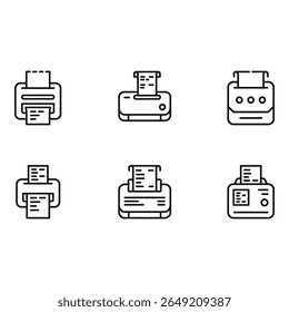 Six Minimalist Line Art Printer Icons Receipt Printing Office Supplies Technology Simple Design Clean Style Modern Vector Graphics