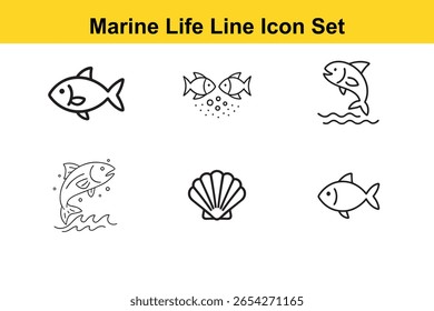 Six minimalist line icons depicting various sea creatures and a shell. This image features marine life, sea life, ocean life, line icons, outline icons.
