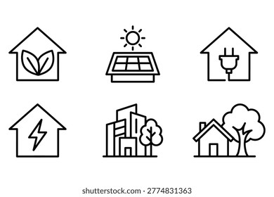 Six minimalist line icons representing ecofriendly homes and renewable energy isolated on transparent background