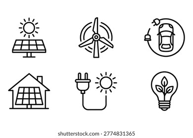 Six minimalist line icons representing renewable energy sources isolated on transparent background