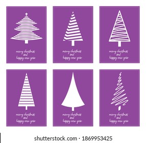 Six minimalist posters typography merry christmas and happy new year with differents christmas tree - vector