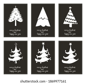 Six minimalist posters typography merry christmas and happy new year with differents christmas tree - vector