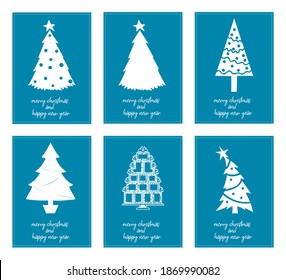 Six minimalist posters typography merry christmas and happy new year with differents christmas tree - vector