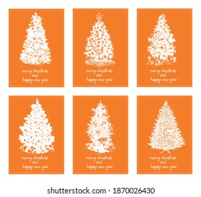 Six minimalist posters typography merry christmas and happy new year with differents christmas tree - vector