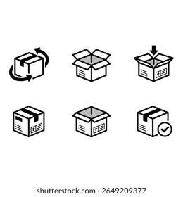 Six Minimalist Shipping Box Icons Rotating Open Unpacking Closed Isometric and Delivered