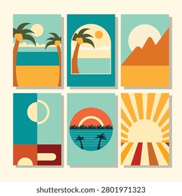 Six minimalist vector art cards display various summer vacation scenes. Designs include palm trees by the ocean, mountains at sunrise, and a city skyline by the sea.