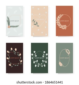 Seis antecedentes minimalistas con flores y hojas delicadas. Diseño de tarjetas, etiquetas, marcos, carteles, invitaciones.