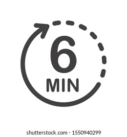 Six minutes icon. Symbol for product labels. Different uses such as cooking time, cosmetic or chemical application time, waiting time ...
