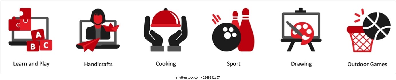 Six mix icons in red and black as learn and play, handicrafts, cooking