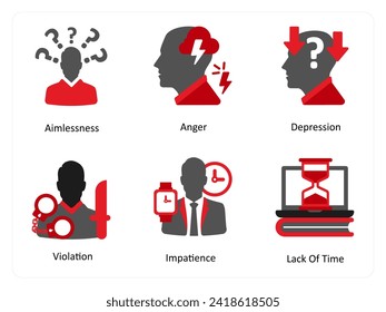 Six mix icons in red and black as aimlessness, anger, depression