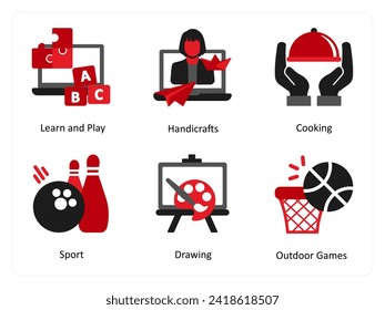 Six mix icons in red and black as learn and play, handicrafts, cooking