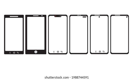 Seis vectores de simulación de teléfono móvil. Smartphones con pantalla en blanco. Marco de teléfono móvil con pantalla en blanco. Plantilla simple realista para infografía o interfaz de usuario de presentación, interfaz de diseño UX.