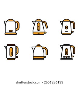 Six Modern Electric Kettle Icons Minimalist Line Art Orange Accents Kitchen Appliance Graphics