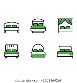 Seis moderna linha verde e preta ícones da cama da arte da cama do quarto do hotel minimalista simples mobília