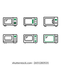 Seis modernos micro-ondas ícones linha arte verde acentos Utensílios de cozinha gráficos