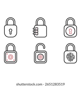 Six Modern Padlock Icons Security Privacy and Access Control Line Art Illustrations