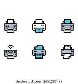 Six Modern Printer Icons Wireless Document Printing Flat Design Clean Style Technology Concept