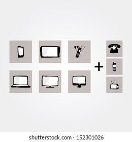 Six modern technology pictograms and three well known icons for telecommunication. Creative design with sharp edges. Fresh colors. Pop art, modern art icons.