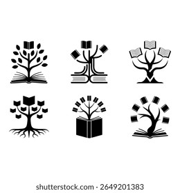 Seis Ícones Monocromáticos da Árvore de Livros Crescimento do Conhecimento Educação Aprendizagem Alfabetização e Sabedoria