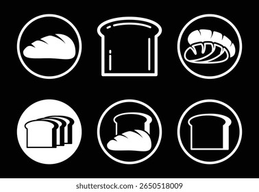 Six monochrome bread icons: loaf, toast, sliced, stacked, and more; minimalist bakery graphic design.