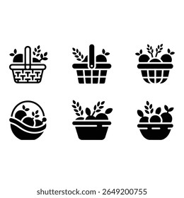 Six monochrome icons baskets of fresh produce wheat minimalist style healthy eating concept
