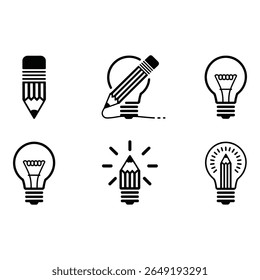 Six Monochrome Icons Pencil Lightbulb Creativity Ideas Inspiration Design Concepts
