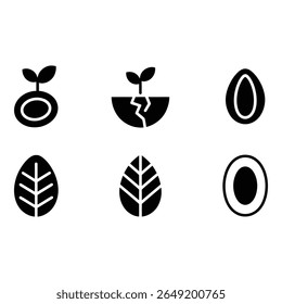 Six Monochrome Icons Seed Growth Sprout Cracked Earth Leaf Stages Minimalist Style