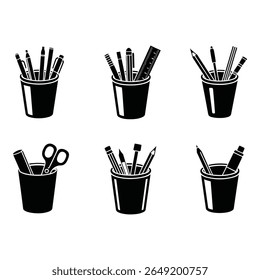 Six monochrome illustrations Office supplies in cups pens pencils rulers scissors simple minimalist style organized workspace concept
