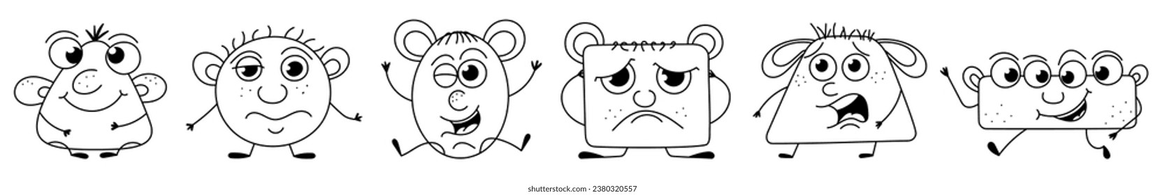  Six monsters with bodies in the form of geometric shapes and different emotions. Sad, happy, scared and surprised aliens. Oddballs for colouring.