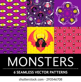 Six monsters inspired colorful seamless vector patterns