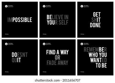 Six motivational quotes template set with faded teks theme and black background