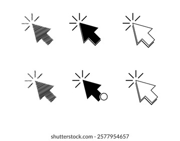 Six Mouse Pointer Cursors with Click Animations, Hatch, Solid, Outline Styles Displayed on a White Background, Illustrating Different Click Interactions