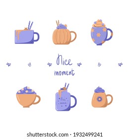 six mugs with coffee dessert on a white background with the inscription nice moment in the center of the composition.Mug with coffee and cream.Cafe and cafe concept.