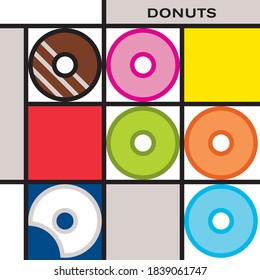 Six multicolor glazed and decorated donuts. Modern style art with rectangular color blocks. Piet Mondrian style pattern.