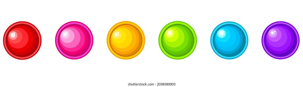 Six multi-colored balls, rainbow color on a white background. Simple dimple, pop it.