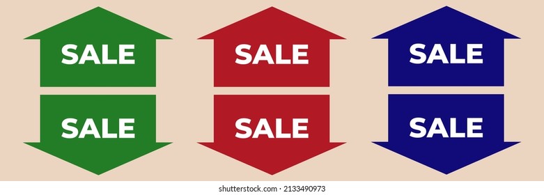 Six multi-colored cards in the form of arrows with the inscription SALE on a pink background, a sales concept for stores.