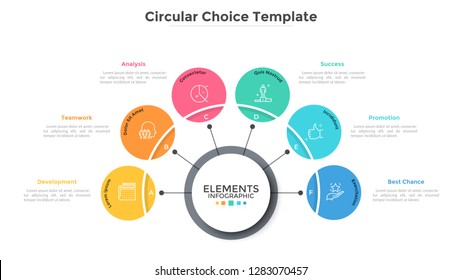 Six multicolored circles connected with main round element in center, 6 features of business process concept. Minimalist infographic design template. Vector illustration for presentation, website.