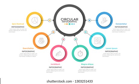 Six multicolored circles connected with main round element in center, 6 features of business process concept. Minimalist infographic design template. Vector illustration for presentation, website.