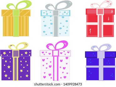 Six multi-colored gift boxes tied with a ribbon