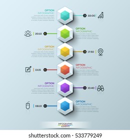 Seis hexagones multicolores conectados con cuadros de texto y pictogramas, plantilla de diseño infográfico. Programación diaria efectiva, concepto de administración de tareas. Ilustración vectorial para aplicaciones móviles, blog.