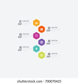 Six multicolored hexagons connected with text boxes and pictograms, infographic design template. Effective daily scheduling, task management concept. Vector illustration for mobile application, blog.